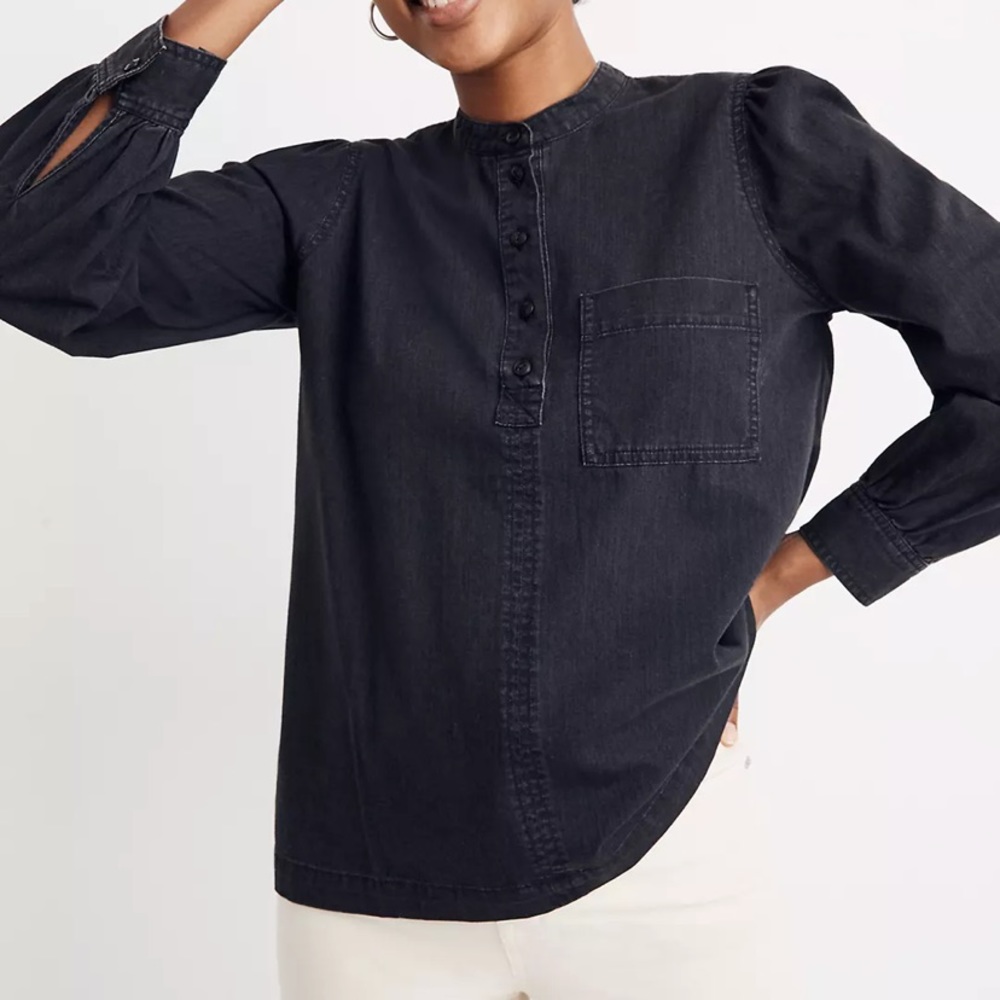 Madewell Black Denim Collarless Popover Shirt